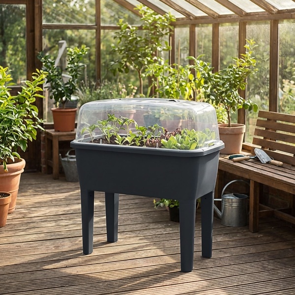 Praktisches Gewächshaus Anthrazit 52 Liter: Hochbeet mit Deckel und Belüftung, Anzuchtkasten für Outdoor - Stabil, Wetterfest & Rückenschonend