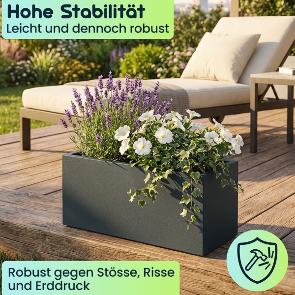 Blumentopf Rechteckig 58cm in Anthrazit, Pflanzkasten 21L aus Kunststoff für Innen & Aussen, Frostsicher & UV-Beständig, Leichtgewicht