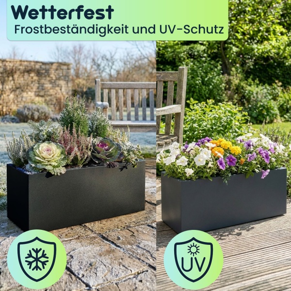 Blumentopf Rechteckig 58cm in Anthrazit, Pflanzkasten 35L aus Kunststoff für Innen & Aussen, Frostsicher & UV-Beständig, Leichtgewicht