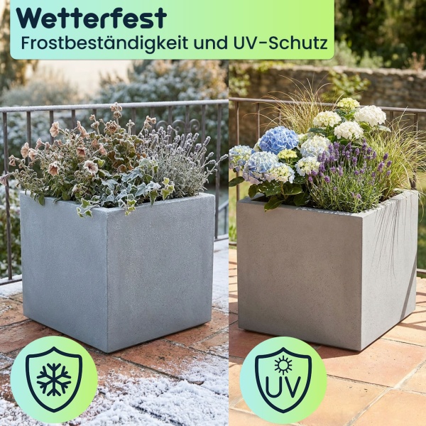 Blumentopf Quadratisch 38cm in Beton-Grau, Pflanzkasten 25L aus Kunststoff für Innen & Aussen, Frostsicher & UV-Beständig, Leichtgewicht