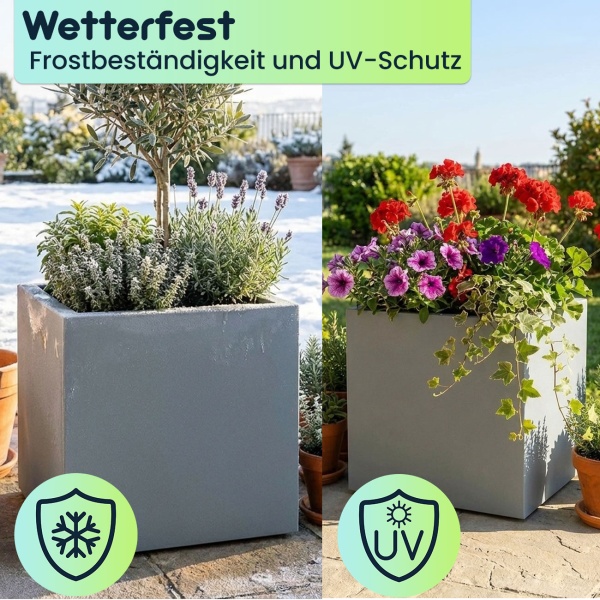 Blumentopf Quadratisch 47cm in Beton-Grau, Pflanzkasten 51L aus Kunststoff für Innen & Aussen, Frostsicher & UV-Beständig, Leichtgewicht