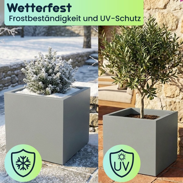 Blumentopf Quadratisch 58cm in Beton-Grau, Pflanzkasten 91L aus Kunststoff für Innen & Aussen, Frostsicher & UV-Beständig, Leichtgewicht