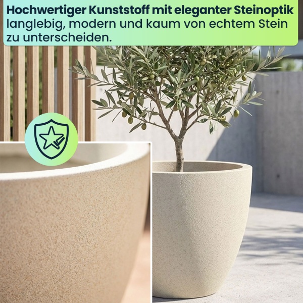 Moderner Pflanzkübel Rund Ø58cm in Sand, Blumentopf 86L aus Kunststoff für Innen & Aussen, Frostsicher & UV-Beständig, Leichtgewicht