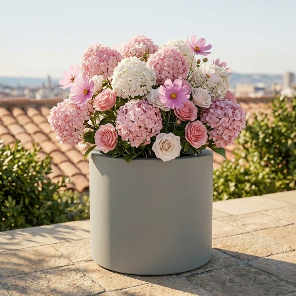 Moderner Blumentopf Rund Ø38cm in Beton-Grau, Pflanzkübel 19L aus Kunststoff für Innen & Aussen, Frostsicher & UV-Beständig, Leichtgewicht