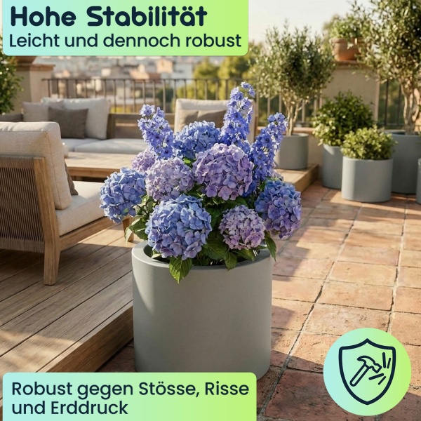 Moderner Blumentopf Rund Ø38cm in Beton-Grau, Pflanzkübel 19L aus Kunststoff für Innen & Aussen, Frostsicher & UV-Beständig, Leichtgewicht