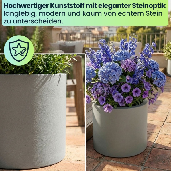 Moderner Blumentopf Rund Ø38cm in Beton-Grau, Pflanzkübel 19L aus Kunststoff für Innen & Aussen, Frostsicher & UV-Beständig, Leichtgewicht