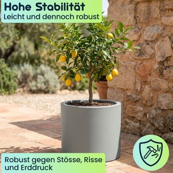 Moderner Blumentopf Rund Ø47cm in Beton-Grau, Pflanzkübel 40L aus Kunststoff für Innen & Aussen, Frostsicher & UV-Beständig, Leichtgewicht