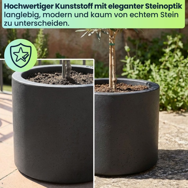 Moderner Blumentopf Rund Ø47cm in Anthrazit, Pflanzkübel 40L aus Kunststoff für Innen & Aussen, Frostsicher & UV-Beständig, Leichtgewicht
