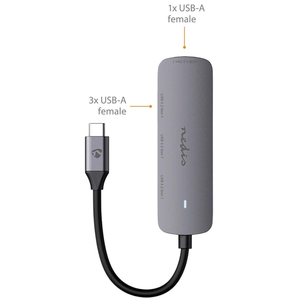 Premium USB-C Hub auf 4x USB-A 3.2 Gen 1 Adapter, schnelle 5 Gbit/s Superspeed Datenübertragung, graues & kompaktes Aluminiumgehäuse