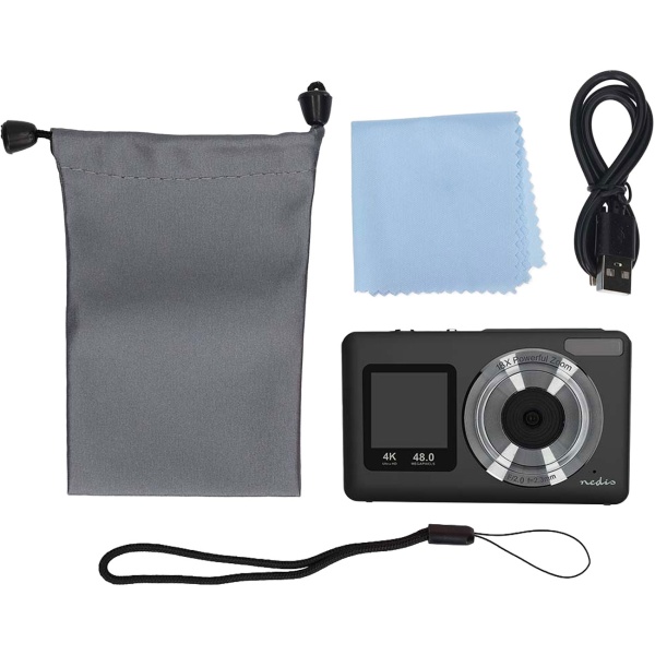 Digitale 4K Fotokamera 48MP mit Autofokus, Dual-Display für Selfies & Vlogs, 18x Digitalzoom, 5MP CMOS, Webcam-Funktion, LED-Blitz, Schwarz, 1/4 Zoll