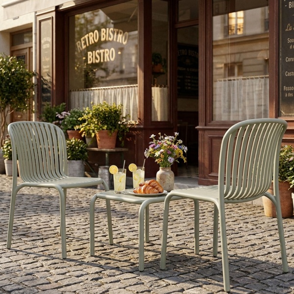 Ergonomisches Balkonset: 2 Gartenstühle stapelbar & ein moderner Beistelltisch, Beige – aus robustem Kunststoff, wetterfest, stilvoll & stabil 