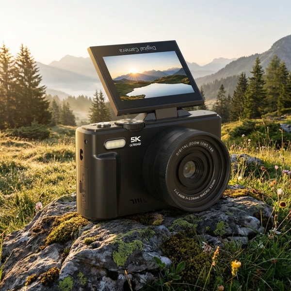 Kompakte 5K WLAN Digitalkamera mit 18x Zoom, 75MP Fotoauflösung & 180 Grad Klappdisplay – ideale Vlogging-Kamera für YouTube & Live-Streams