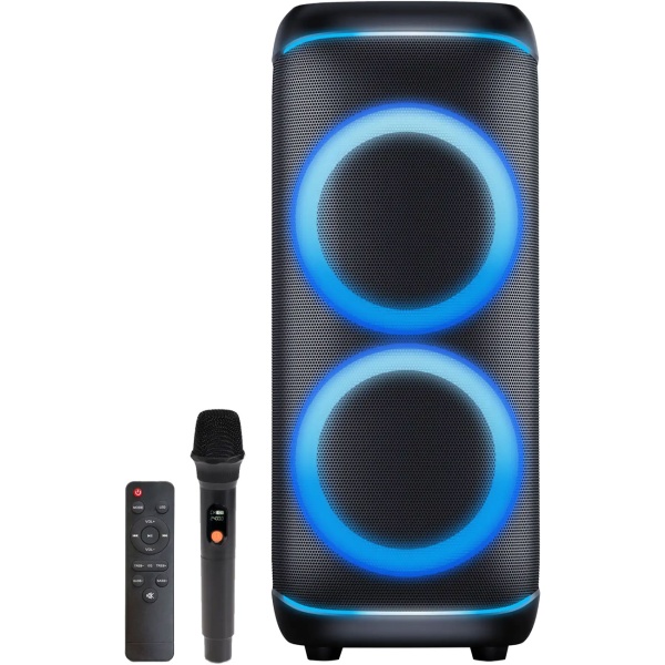 Bluetooth-Partylautsprecher 200W RMS: Musikbox mit LED-Lichtshow, TWS, Akku, Rollen, Mikrofon & Fernbedienung - IPX4 Spritzwasserschutz