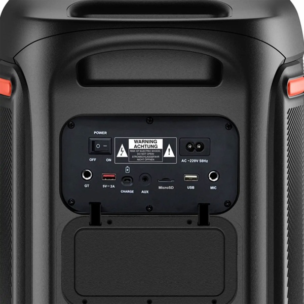 Bluetooth-Partylautsprecher 200W RMS: Musikbox mit LED-Lichtshow, TWS, Akku, Rollen, Mikrofon & Fernbedienung - IPX4 Spritzwasserschutz