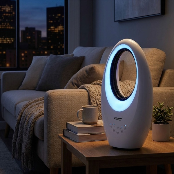 Rotorloser Ventilator mit LED: Moderner Turmventilator mit Fernbedienung, Oszillation & Timer - Perfekt für kühle Tage
