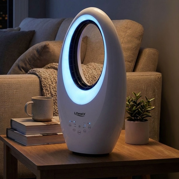 Rotorloser Ventilator mit LED: Moderner Turmventilator mit Fernbedienung, Oszillation & Timer - Perfekt für kühle Tage