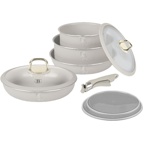 9-teiliges Kochgeschirr Set, stapelbar mit abnehmbarem Griff: antihaftbeschichtet, induktionsgeeignet, edles mattes Design in Creme, robust