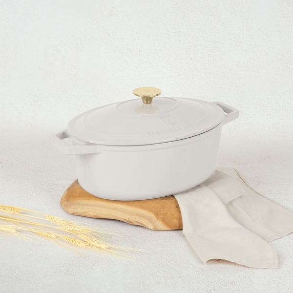 Ovaler Bräter Ø30cm Gusseisen Schmortopf, induktionsgeeignet: Eleganter Brattopf & Kasserolle zum Schmoren, Braten & Backen, Creme