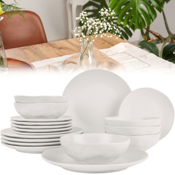 Exklusives 18-tlg. Geschirr-Set Creme: Tafelservice aus Steinzeug für 6 Personen, spülmaschinenfest & mikrowellengeeignet - für elegante Dinner