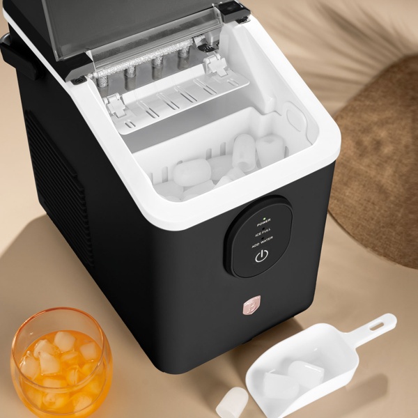 Eiswürfelmaschine - Kompakter Ice Maker Retro-Design mit 0,8L Wassertank & 120W - 12kg Eis in 24h - Inkl. praktischer Eisschaufel, Schwarz-Roségold