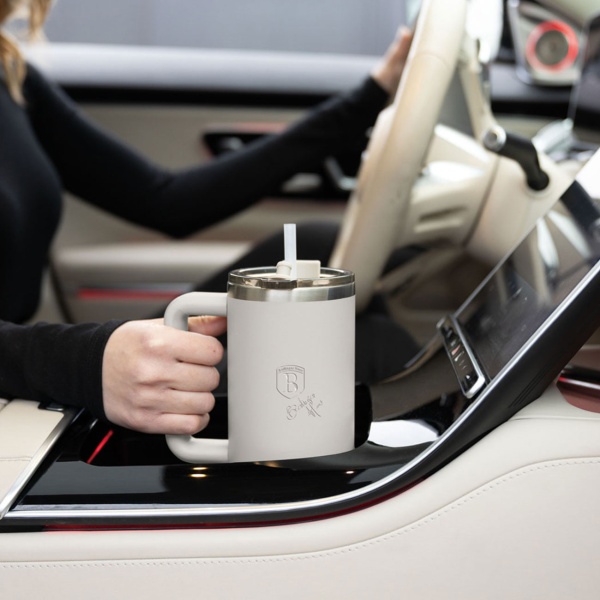 Isolierbecher 1 Liter Edelstahl mit 30 cm Strohhalm, mattes Creme - Moderner Thermobecher für Kaffee, Eistee u.v.m. - hält lange heiss oder eiskalt