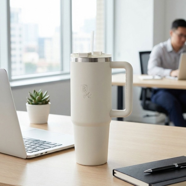 Isolierbecher 1 Liter Edelstahl mit 30 cm Strohhalm, mattes Creme - Moderner Thermobecher für Kaffee, Eistee u.v.m. - hält lange heiss oder eiskalt
