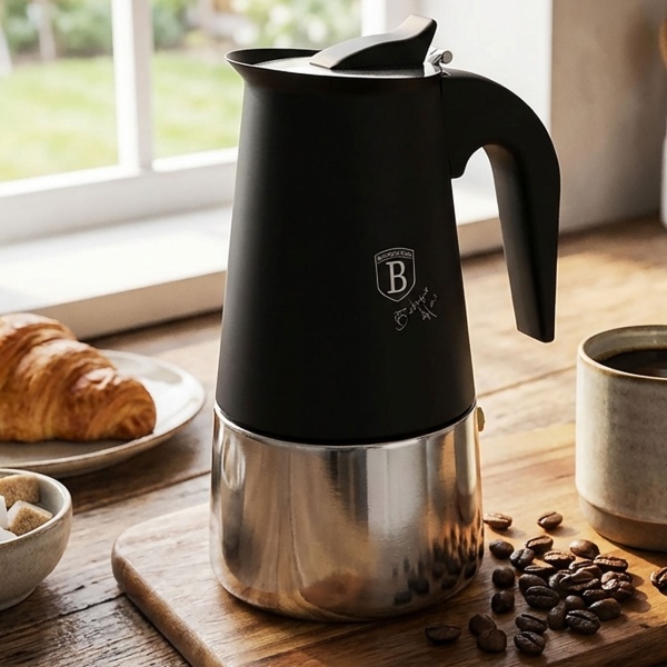 Espresso Kocher für 6 Tassen, mattes Schwarz: Mokkakanne aus Edelstahl, schneller Espressokocher für perfekten Kaffeegenuss, pflegeleicht