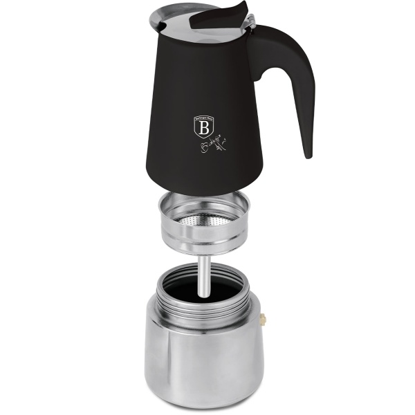 Espresso Kocher für 6 Tassen, mattes Schwarz: Mokkakanne aus Edelstahl, schneller Espressokocher für perfekten Kaffeegenuss, pflegeleicht