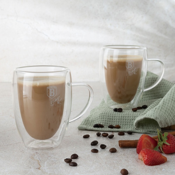 2er-Set doppelwandige Kaffee-Tassen mit Henkel, 300 ml, Schwebeeffekt, hitzebeständiges Barista Glas, Cappuccino, Latte-Macchiato, Tee