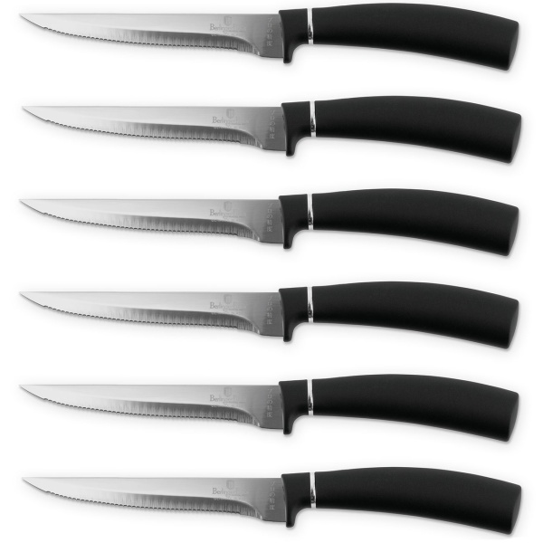 Steakmesser Set 6 teilig aus Edelstahl - Scharfe Fleischmesser 11,5 cm Klinge mit Soft-Touch Griff - Edle Messer, Schwarz