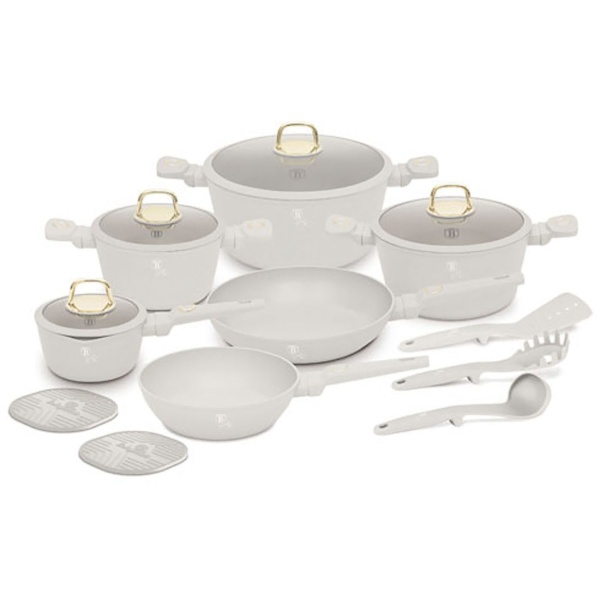 Hochwertiges Design Kochset m. TitanPro-Antihaftbeschichtung inkl. Kochbesteck, Untersetzer, Glasdeckel, Soft Touch Griffe, 15-teilig, Sahara/Beige