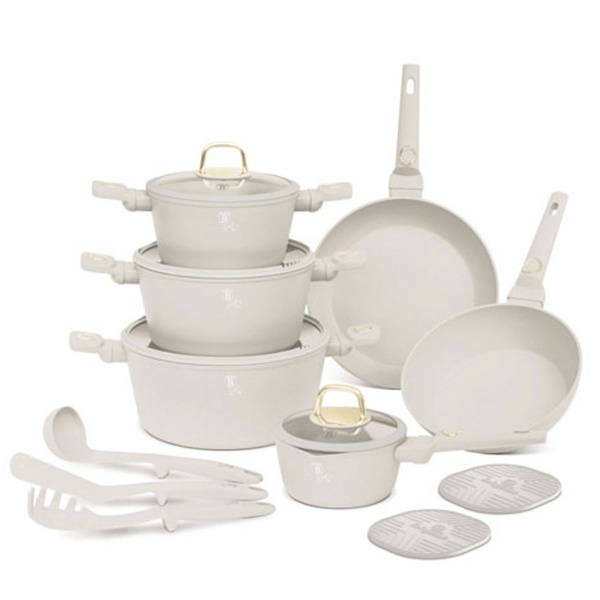 Hochwertiges Design Kochset m. TitanPro-Antihaftbeschichtung inkl. Kochbesteck, Untersetzer, Glasdeckel, Soft Touch Griffe, 15-teilig, Sahara/Beige