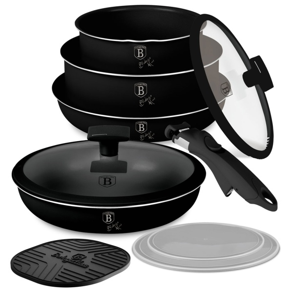 Edles Pfannen- & Topfset mit Universal Click-It-Griff, 10tlg., Antihaft Titanbeschichtung, Mattschwarz, PFOA-frei, Glasdeckel mit Sieb & Untersetzer