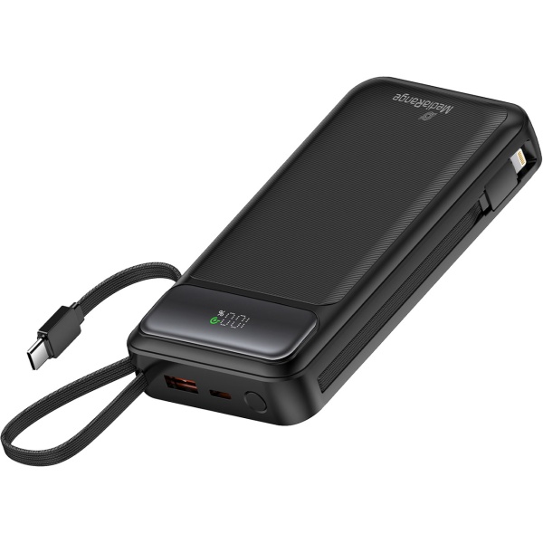 Powerbank 20.000mAh mit integrierten Kabeln, USB-C PD & Quick Charge, mobiler Zusatzakku schnell ladend, LCD-Anzeige, ideal für Reise & Alltag, schwarz