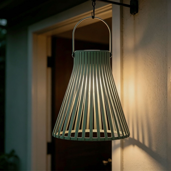Dekorative LED Solar Laterne für Aussen, Moderne Gartenlaterne in Grün mit Tragegriff, Solarlampe im Lamellen-Design für Balkon & Terrasse