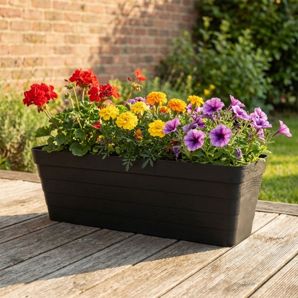 2er-Set Rechteckiger Balkonkasten in Anthrazit – 60x20x19 cm – Pflanzenkübel mit integriertem Bewässerungssystem – Robuster Blumenkasten für Terrasse und Balkon