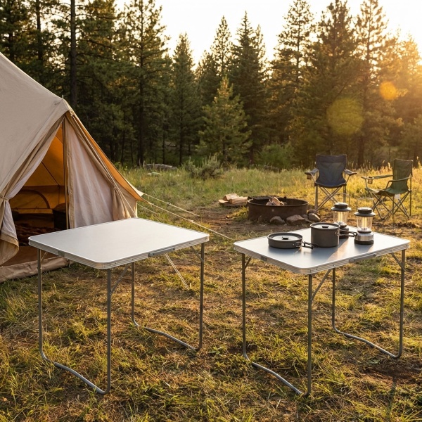2er-Set Klappbarer Campingtisch (80x60x69 cm) in Grau – Wetterfester Tisch mit robuster Aluminiumkante, stabilem Metallrahmen & praktischem Tragegriff bis 30 kg belastbar