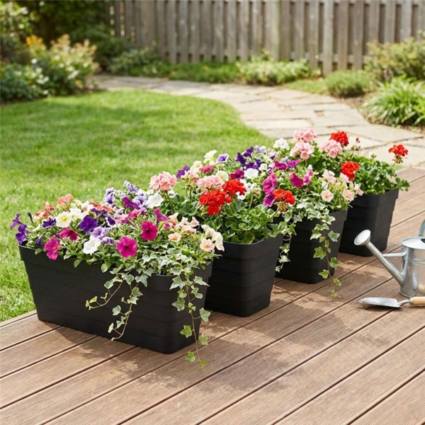 4er-Set Rechteckiger Balkonkasten in Anthrazit – 60x20x19 cm – Pflanzenkübel mit integriertem Bewässerungssystem – Robuster Blumenkasten für Terrasse und Balkon