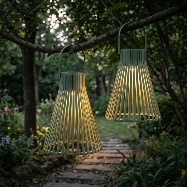 2er-Set Dekorative LED Solar Laterne für Aussen, Moderne Gartenlaterne in Grün mit Tragegriff, Solarlampe im Lamellen-Design für Balkon & Terrasse