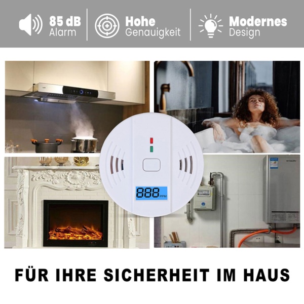Kohlenmonoxid-Melder CO-Detektor mit LCD-Display, 85 dB Alarm, DIN EN5029 Zertifiziert, CO-Warner mit Speicherfunktion für Zuhause & Camping