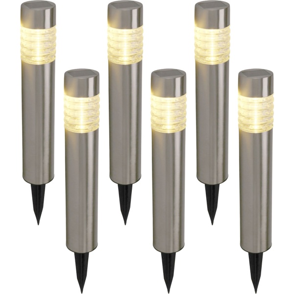 6er-Set Solarleuchte aus Edelstahl: Gartenleuchte warmweiss mit Erdspiess, LED Aussenleuchte wetterfest - moderne Solarlampe für Garten