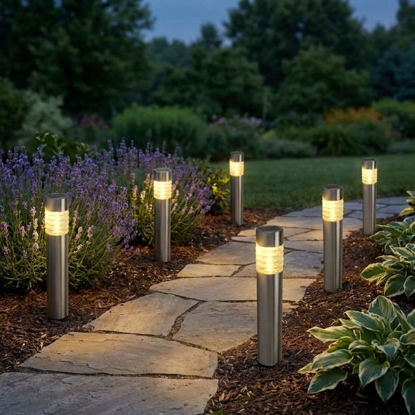 6er-Set Solarleuchte aus Edelstahl: Gartenleuchte warmweiss mit Erdspiess, LED Aussenleuchte wetterfest - moderne Solarlampe für Garten