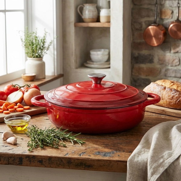 Premium Gusseisen Topfset 3tlg. in Rot - Emaillierter Schmortopf Set mit Deckel (17 cm, 22cm & 28cm) - Ideal für Induktion, Backofen & alle Herdarten