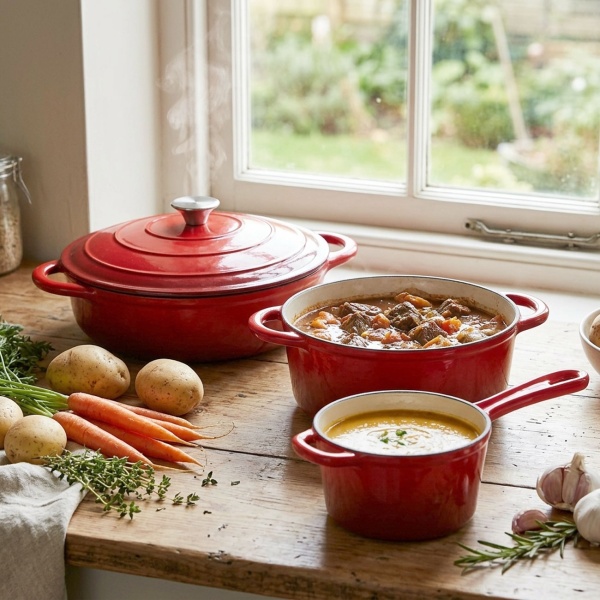 Premium Gusseisen Topfset 3tlg. in Rot - Emaillierter Schmortopf Set mit Deckel (17 cm, 22cm & 28cm) - Ideal für Induktion, Backofen & alle Herdarten