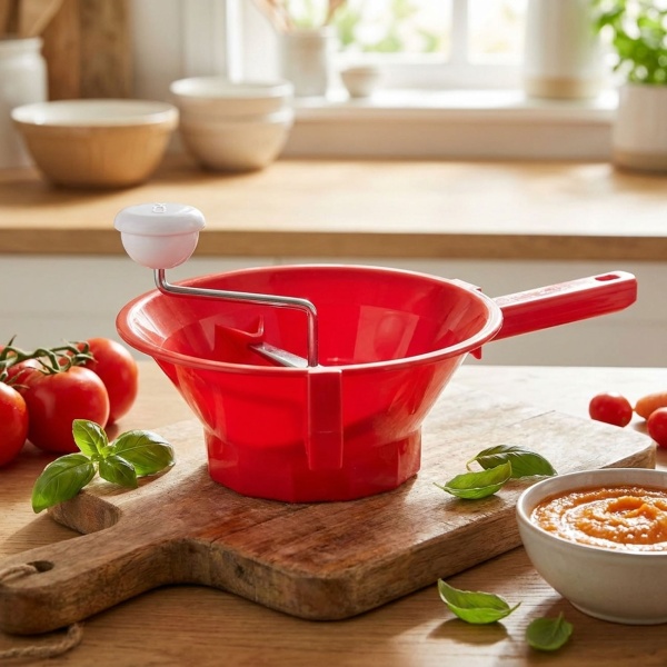 Robuste Gemüsemühle Ø22cm in Rot-Weiss mit 3 Sieben: Passiermühle ideal für Zubereitung von Saucen, feinem Püree und Babynahrung