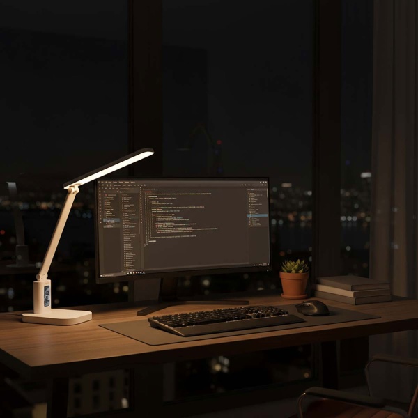 Aufladbare LED Schreibtischleuchte – Schicke Nachttischlampe mit Touch-Dimmer, Kalender, Raumtemperatur, Alarm & Uhr fürs Schlafzimmer & Büro