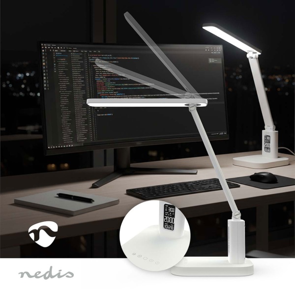 Aufladbare LED Schreibtischleuchte – Schicke Nachttischlampe mit Touch-Dimmer, Kalender, Raumtemperatur, Alarm & Uhr fürs Schlafzimmer & Büro