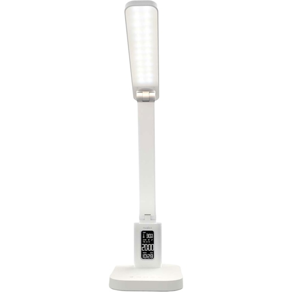 Aufladbare LED Schreibtischleuchte – Schicke Nachttischlampe mit Touch-Dimmer, Kalender, Raumtemperatur, Alarm & Uhr fürs Schlafzimmer & Büro