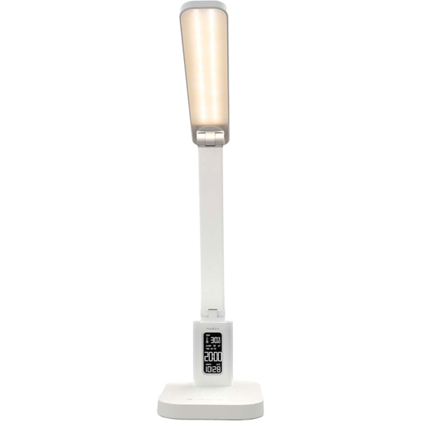 Aufladbare LED Schreibtischleuchte – Schicke Nachttischlampe mit Touch-Dimmer, Kalender, Raumtemperatur, Alarm & Uhr fürs Schlafzimmer & Büro