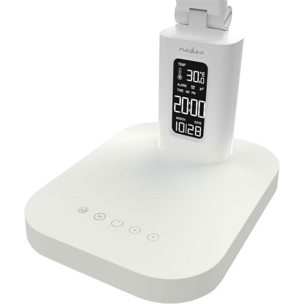 Aufladbare LED Schreibtischleuchte – Schicke Nachttischlampe mit Touch-Dimmer, Kalender, Raumtemperatur, Alarm & Uhr fürs Schlafzimmer & Büro